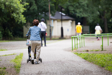 公園を荷台を押して散歩する高齢者女性