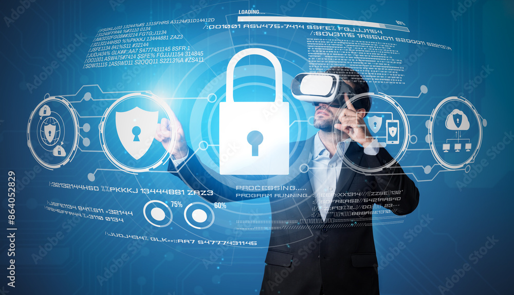 Poster caucasian project manager wearing vr glasses while look at hologram of security system. smart busine