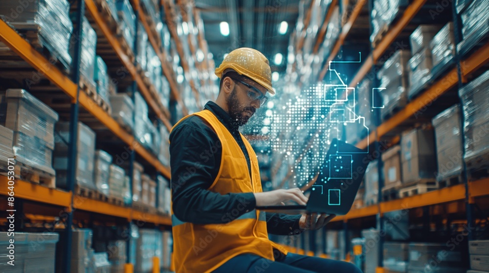 Poster warehouse supervisor analyzing data on laptop with holographic display. concept of digital transform