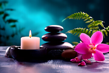 Zen stones, candles and a white orchid flower on a green and gray background with the concept of massage, spa and body care