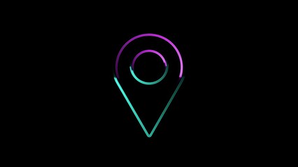 Abstract neon sing fast traccing location icon animation ,on black background.