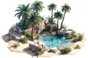 Fototapeta premium Oasis,palm tree,desert, stunning, isolated on a white background, aerial view