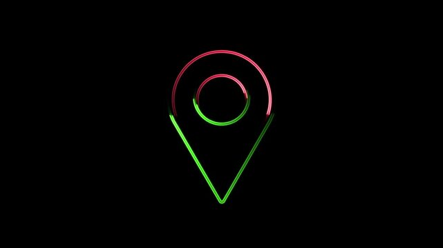 Abstract neon sing fast traccing location icon animation ,on black background.