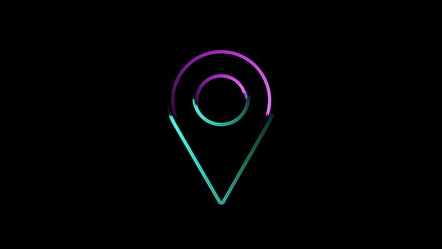 Abstract neon sing fast traccing location icon animation ,on black background.