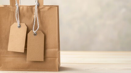 Eco-friendly paper shopping bag, tags tied with strings, natural product background, high resolution, ideal for advertisements