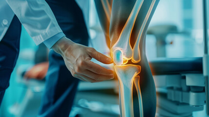 An orthopedic traumatologist clearly shows a holographic model of the bones of the leg and knee joint.