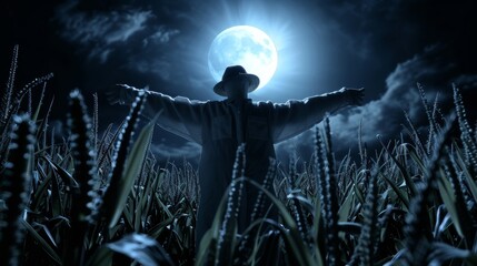 Eerie scarecrow standing tall in a moonlit cornfield, surrounded by tall corn stalks, spooky and foreboding ambiance
