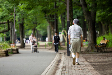 公園をウォーキングする高齢者男性