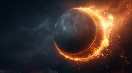 Fototapeta premium Ethereal crescent planet with a fiery right edge glow, celestial scene, intricate details, star-filled sky, mesmerizing and otherworldly