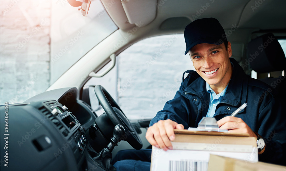 Aufkleber Courier, man and portrait in van with checklist for address verification, shipping records and order tracking. Male employee, clipboard and dispatch details for delivery schedule and confirmation.