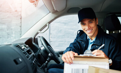 Courier, man and portrait in van with checklist for address verification, shipping records and...