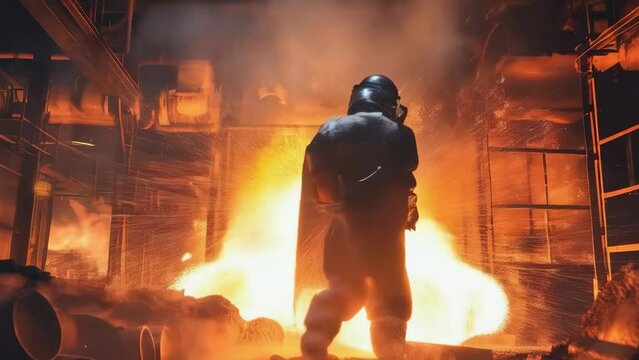 A male industrial worker, possibly late 30s, wearing protective gear and helmet, stands by molten steel in a foundry. The scene is intense, with bright flames and hot metal.