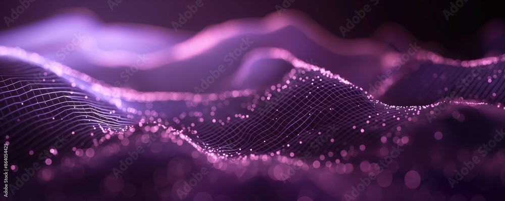 Poster smooth purple digital waves with glowing dots in a high-tech background. futuristic abstract art.