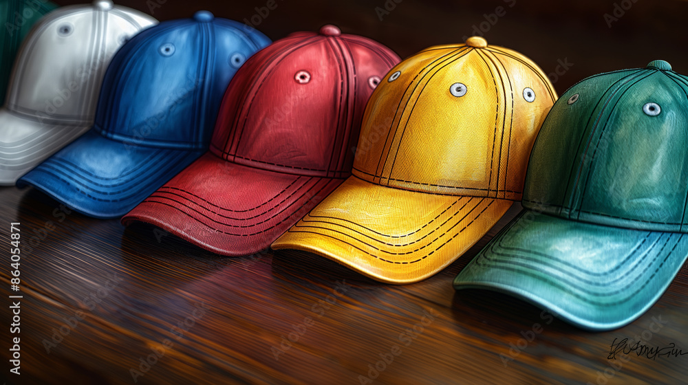 Poster a row of hats with different colors and designs. the hats are arranged in a row on a wooden surface