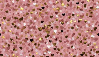 Heart-shaped multicolored confetti on pink background