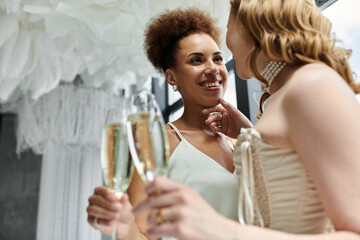 A happy lesbian couple raises a toast at their wedding reception.
