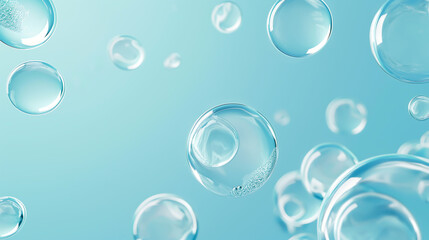 Collagen gel with bubbles drops, Anti aging moisturizing skincare product 3d objects on blue background	