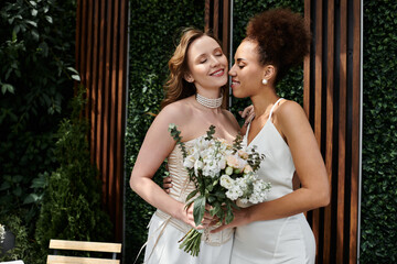 A lesbian couple share a tender kiss on their wedding day.