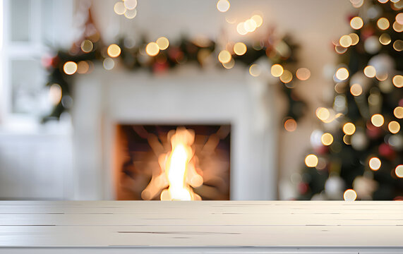 White tabletop with fireplace and christmas tree on blurred background with bokeh. Backdrop for mockup and promotion design.