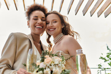 A lesbian couple toasts to their wedding day, smiling and happy under a wooden pergola.