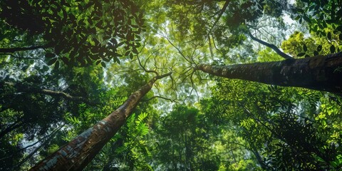 Fototapeta premium The photo shows green leaves of the tropical trees in the jungle with sun shining through.