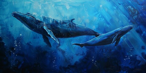 Obraz premium Two whales are swimming in the deep blue sea.