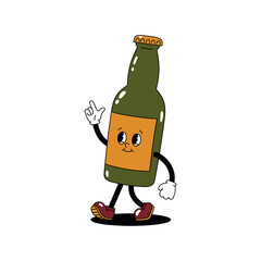 Vector color illustration of retro mascot character walking glass bottle of beer or soda. Vintage style 30s, 40s, 50s old animation. Sticker isolated on white background.