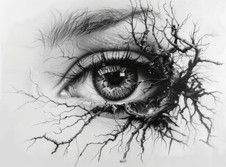 Obraz premium A surreal eye with intricate branches and roots growing out of it, evoking a sense of connection with nature and surrealism.