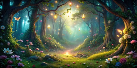 Enchanted forest with mystical creatures and glowing flowers, fantasy, whimsical, magical, fairy tale, mystical