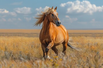 A Przewalski's horse galloping across the Mongolian steppe, its stocky build and sandy-colored coat standing out against the rugged terrain. 