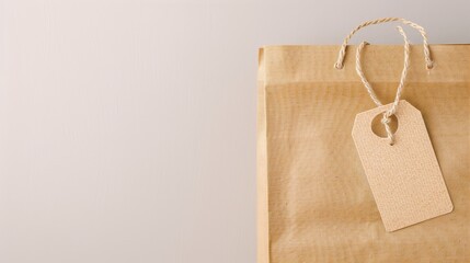 Paper shopping bag with string-attached tags, natural product backdrop, detailed textures, perfect for eco-advertising campaigns