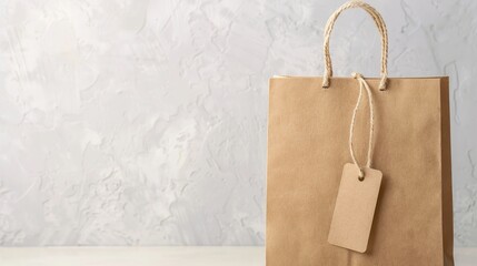 Paper shopping bag with tags affixed by strings, natural product backdrop, high detail, perfect for eco-friendly advertisement, organic textures