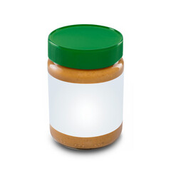 Peanut butter mockup with blank label in glass jar with green plastic lid on white background