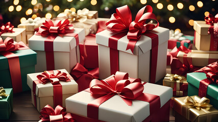 an image of a gift box surrounded by ribbons and bows.