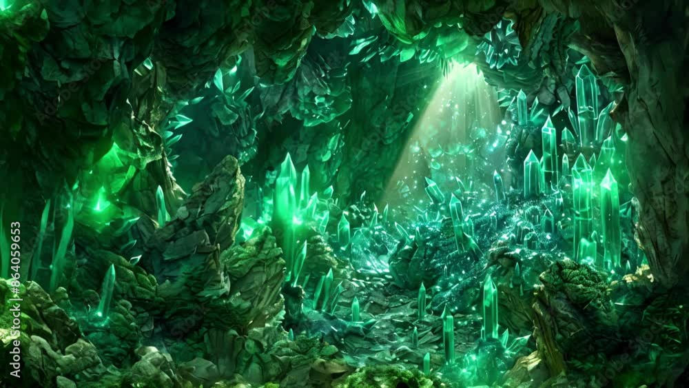 Poster a secret cave hidden deep in the forest where the walls are covered in intricate formations of emera