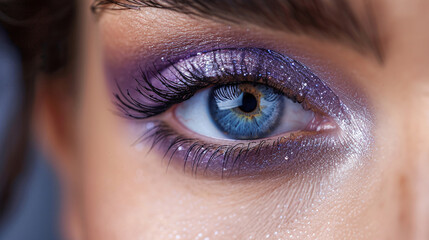 Obraz premium Close-up of a woman's eye with violet iris and wet eyelashes, reflecting grief and beauty