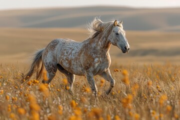 A Przewalski's horse galloping across the Mongolian steppe, its stocky build and sandy-colored coat standing out against the rugged terrain. 