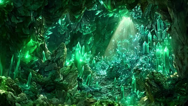 A secret cave hidden deep in the forest where the walls are covered in intricate formations of emerald and ruby crystals seeming to pulsate with energy.