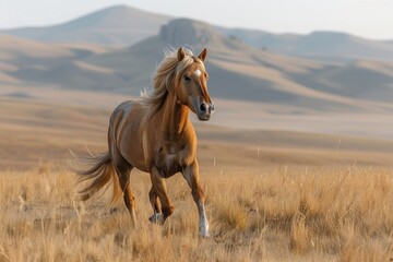 Fototapeta premium A Przewalski's horse galloping across the Mongolian steppe, its stocky build and sandy-colored coat standing out against the rugged terrain. 