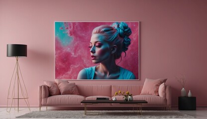 Painting of woman on pink wall in stylish room