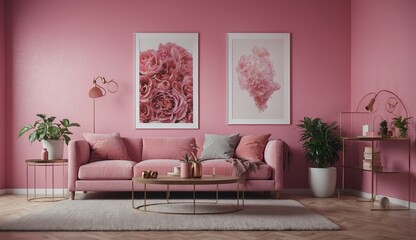 Pink themed living room with plant decor and wall art.