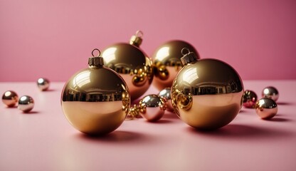 Golden Christmas baubles arrangement on pink background