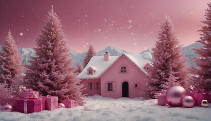 Naklejka premium Pink winter cottage surrounded by snow and trees.