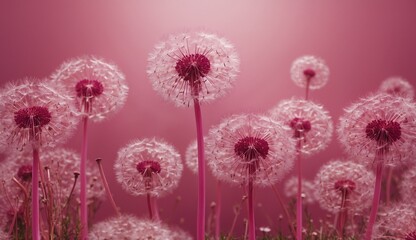 Close-up of pink dandelions against a pink sky.
