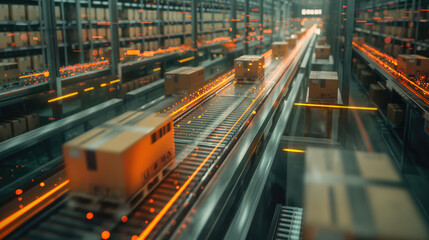 Automated warehouse with conveyor belts and packages. Futuristic logistics background perfect for e-commerce, supply chain, and inventory management concepts. Advanced warehouse technology background.