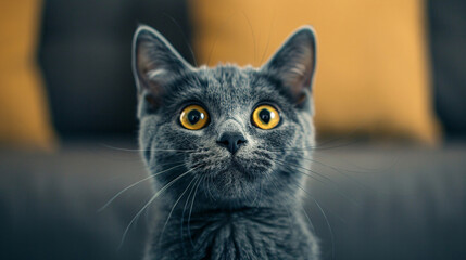 Cute grey cat looking at the camera with curiosity