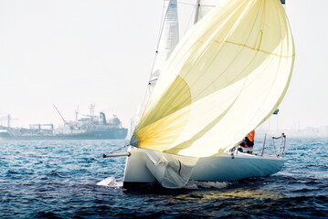 Obraz premium Sailors navigating a sailboat in a regatta with a spinnaker harnessing the wind