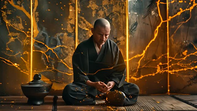 Zen Monk Practicing Meditation Amidst Golden Energy with Ai generated.
