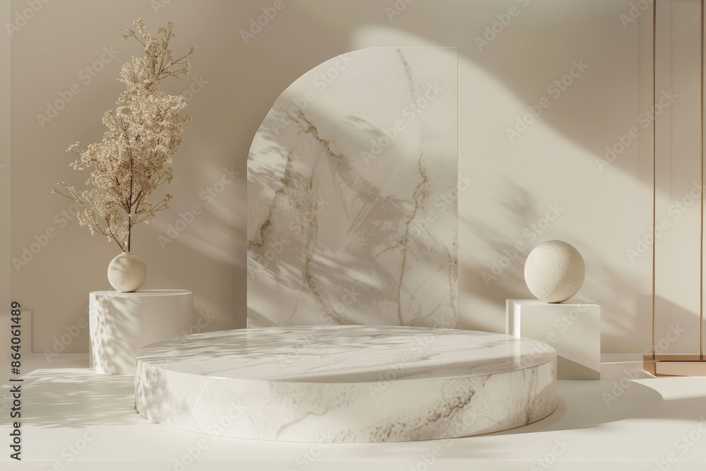 Poster a 3d render of a blank podium display in white marble color, surrounded by geometric forms. this min