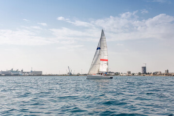 Sailors maneuvering a sailboat during a regatta near the city